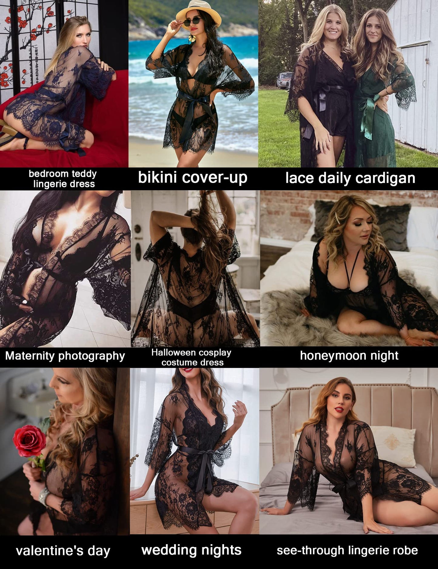 Avidlove lace robe Women's Lace Kimono Robe Babydoll Lingerie Mesh Nightgown Black L