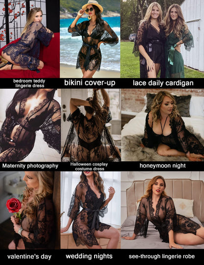 Avidlove lace robe Women's Lace Kimono Robe Babydoll Lingerie Mesh Nightgown Black L