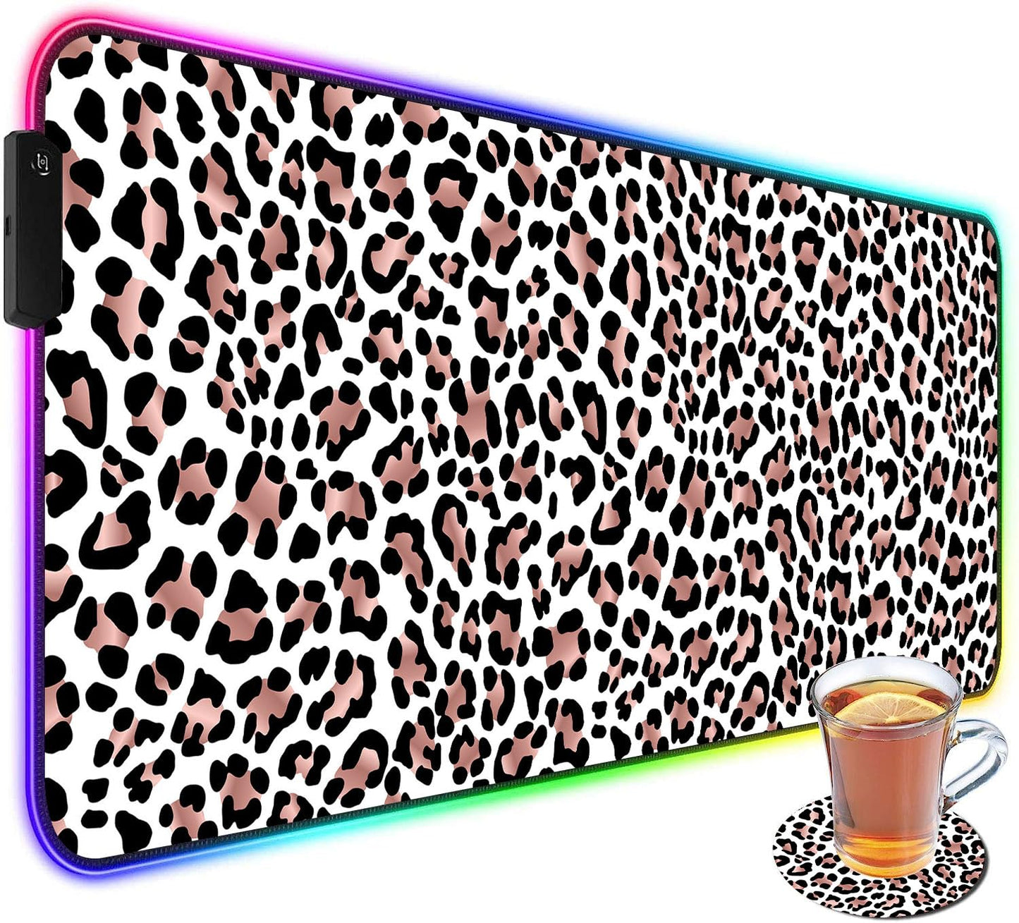 CICPLKSE Customized RGB Gaming Mouse Pad and Coffee Coaster,Large Glowing Led Anti-Slip Rubber Base Computer Keyboard Desk Mouse Mat 31.4x11.8 Inch,Leopard Print