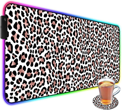 CICPLKSE Customized RGB Gaming Mouse Pad and Coffee Coaster,Large Glowing Led Anti-Slip Rubber Base Computer Keyboard Desk Mouse Mat 31.4x11.8 Inch,Leopard Print