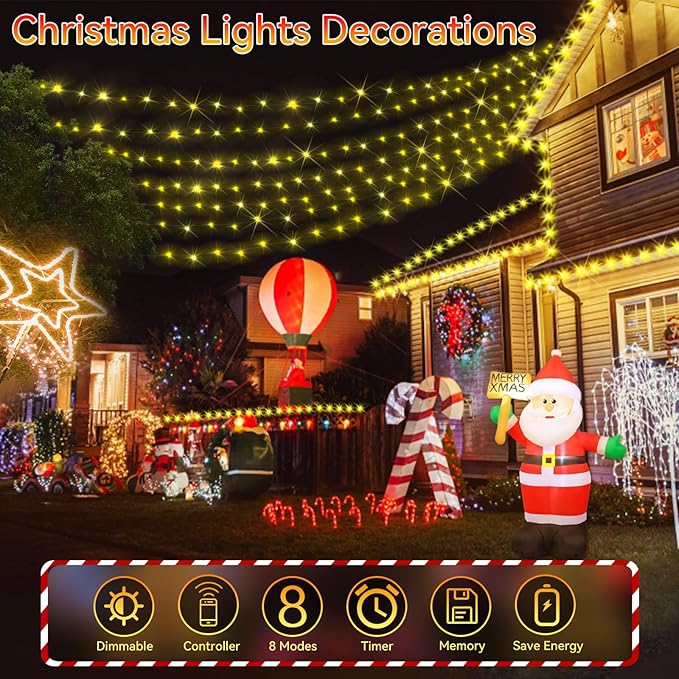 Hezbjiti 2 Pack 1000 LED 403 FT Christmas String Lights Outdoor, 8 Lighting Modes IP44 Waterproof Fairy Lights with Timer and Dimmable Function for Party Tree Decorations (Warm White, Green Wire)