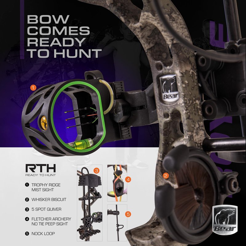 Bear Archery Royale RTH Compound Bow, Ready-to-Hunt Package, Right Handed Archers, 27" Bow, Adjustable Draw Weight 5-50lbs, Adjustable Draw Length 12"-27", Toxic