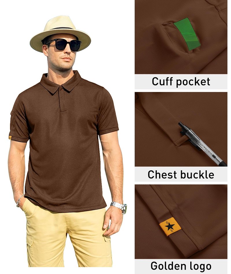 ZITY Mens Polo Shirt Short Sleeve Sports Tactical T-Shirt Athletic Golf Polos Daily Casual Stylish Collared Shirts for Men Brown X-Large