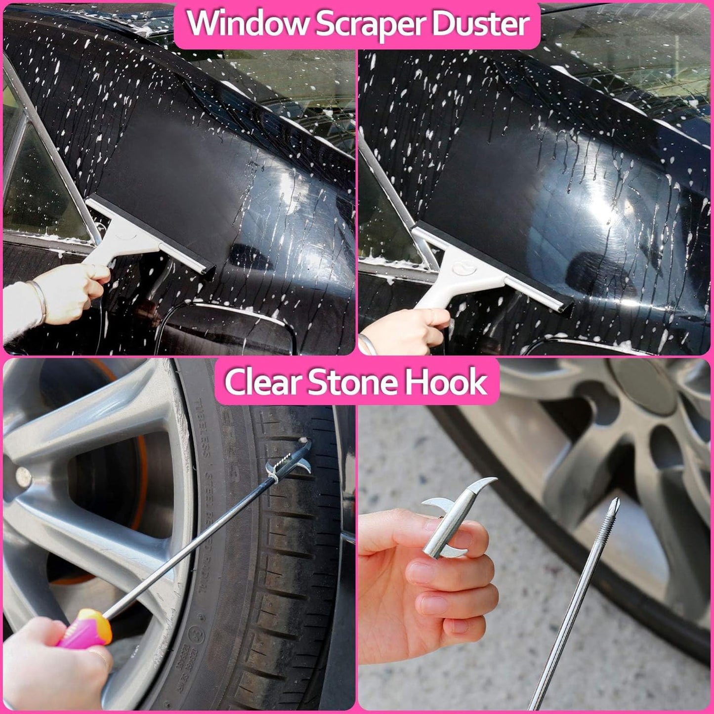 THINKWORK 17Pcs Car Cleaning Kit with Storage Box, Pink Car Washing Gift for Women - Cleaning Gel, Microfibre Cloth, Wheel Brush, Mitt, Duster, Squeegee - for Car Interior and Exterior Cleaning