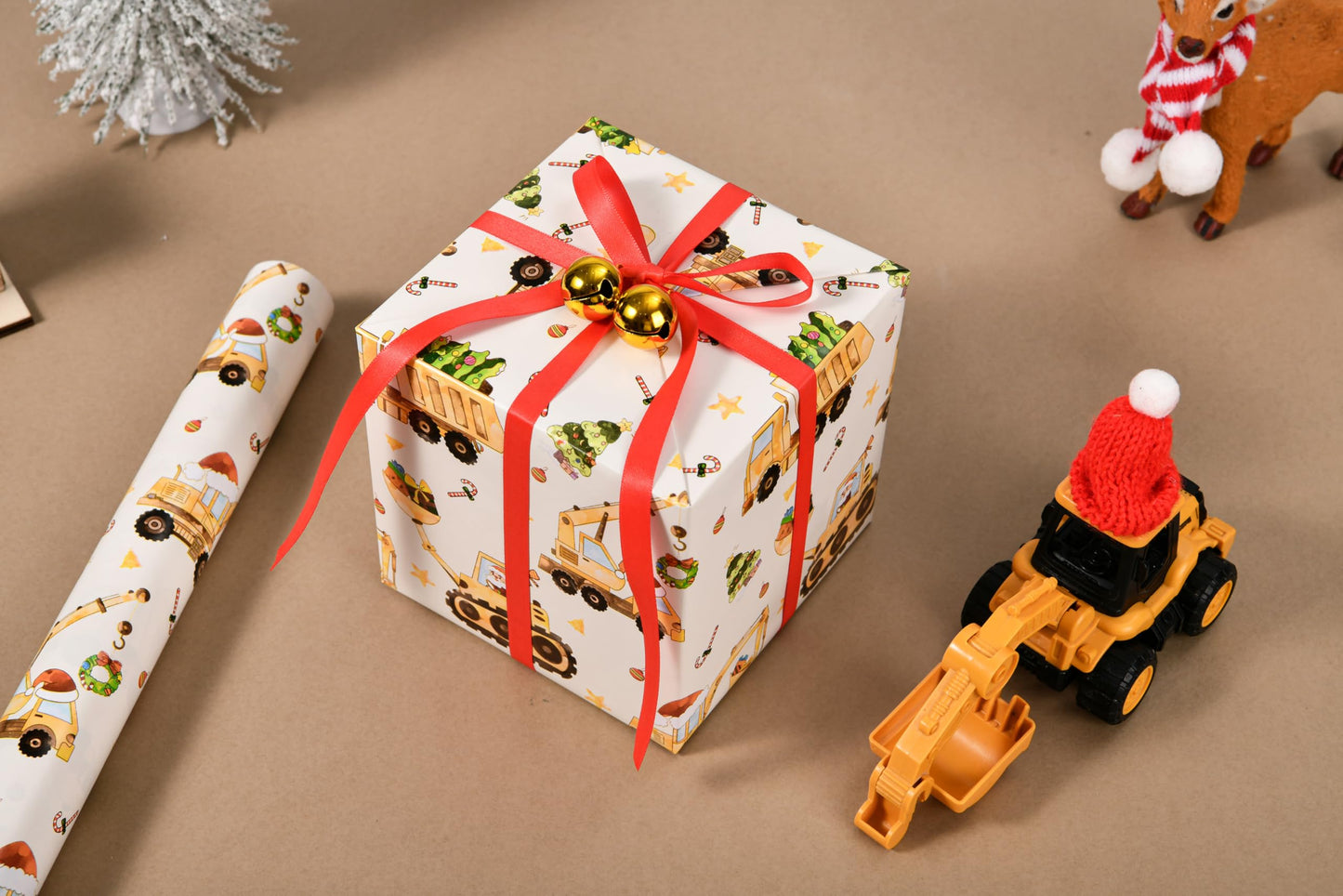 Titiweet Construction Christmas Wrapping Paper - 17" x 16.4 ft - Christmas Truck with Santa, Trees Gift Wrap for Kids Boys(Construction)