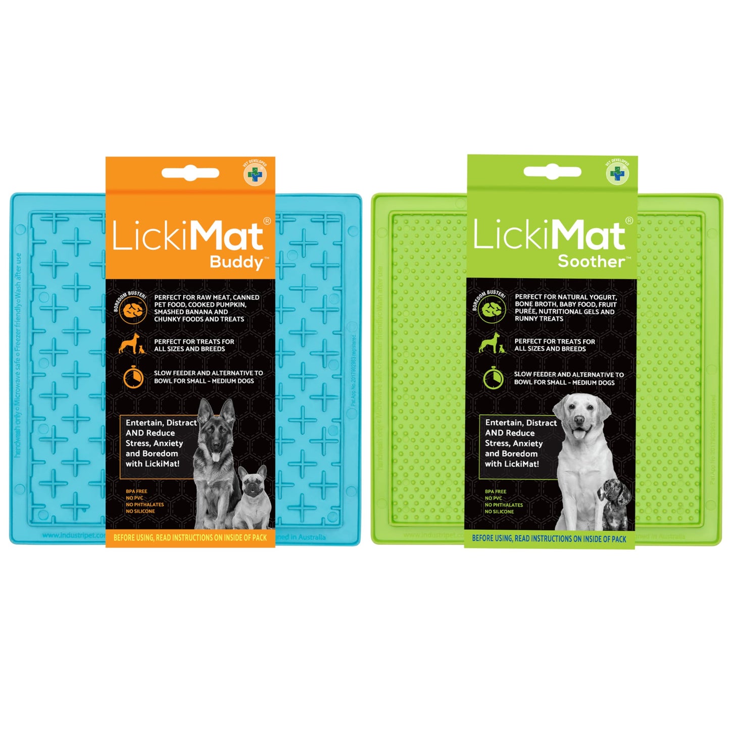 LickiMat 2-Pack Classic Soother and Buddy, Dog Feeding Mat for Boredom and Anxiety Relief, Ideal for Food, Treats, Yoghurt or Peanut Butter, Lick Mats, Fun Alternative to a Slow Feeder Bowl