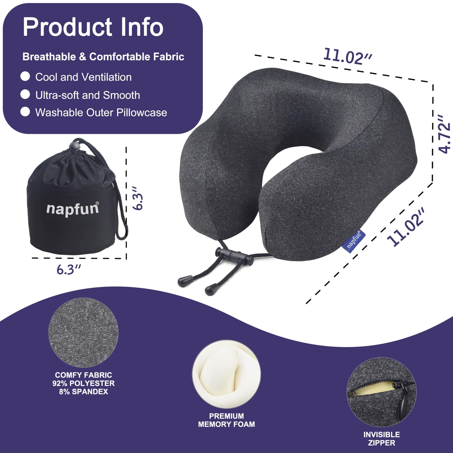 napfun Travel Pillow, Travel Accessories & Travel Essentials for Airplane Upgraded 100% Pure Memory Foam Travel Neck Pillow for Flight Headrest Sleep, Portable Plane Necessities, Full Black