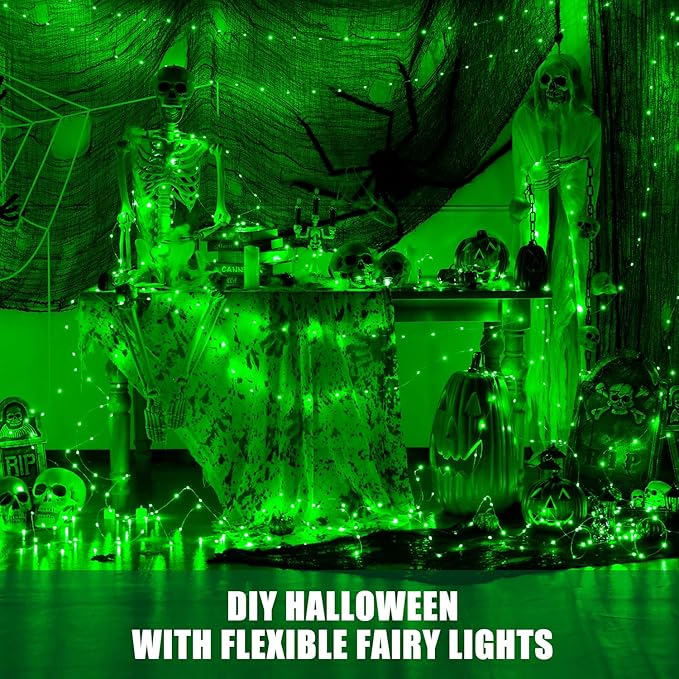 JMEXSUSS 2 Pack Green Fairy Lights Battery Operated, Total 400 LED 132ft Twinkle String Lights with Remote, 8 Modes Halloween Lights for Tree Fireplace Bedroom Indoor Outdoor Xmas Halloween Decor