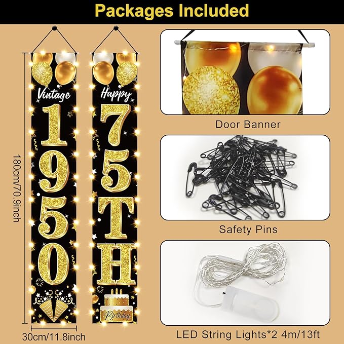75th Birthday Party Banner Lighted Decorations for Men and Women - Black Gold Vintage 1950 75th Birthday Door Banners with LED Light, 75 Years Birthday Party Supplies for Indoor Outdoor Decor
