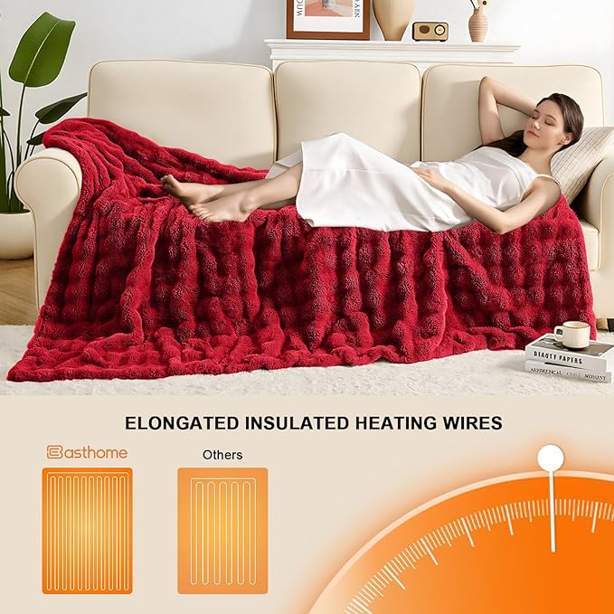 Heated Blanket Electric Throw Blanket 50''X 60''-Heating Blanket with 6 Heat Settings-4 Hours Auto Off,Cozy Faux Rabbit Fur Bubble Electric Blanket,Red