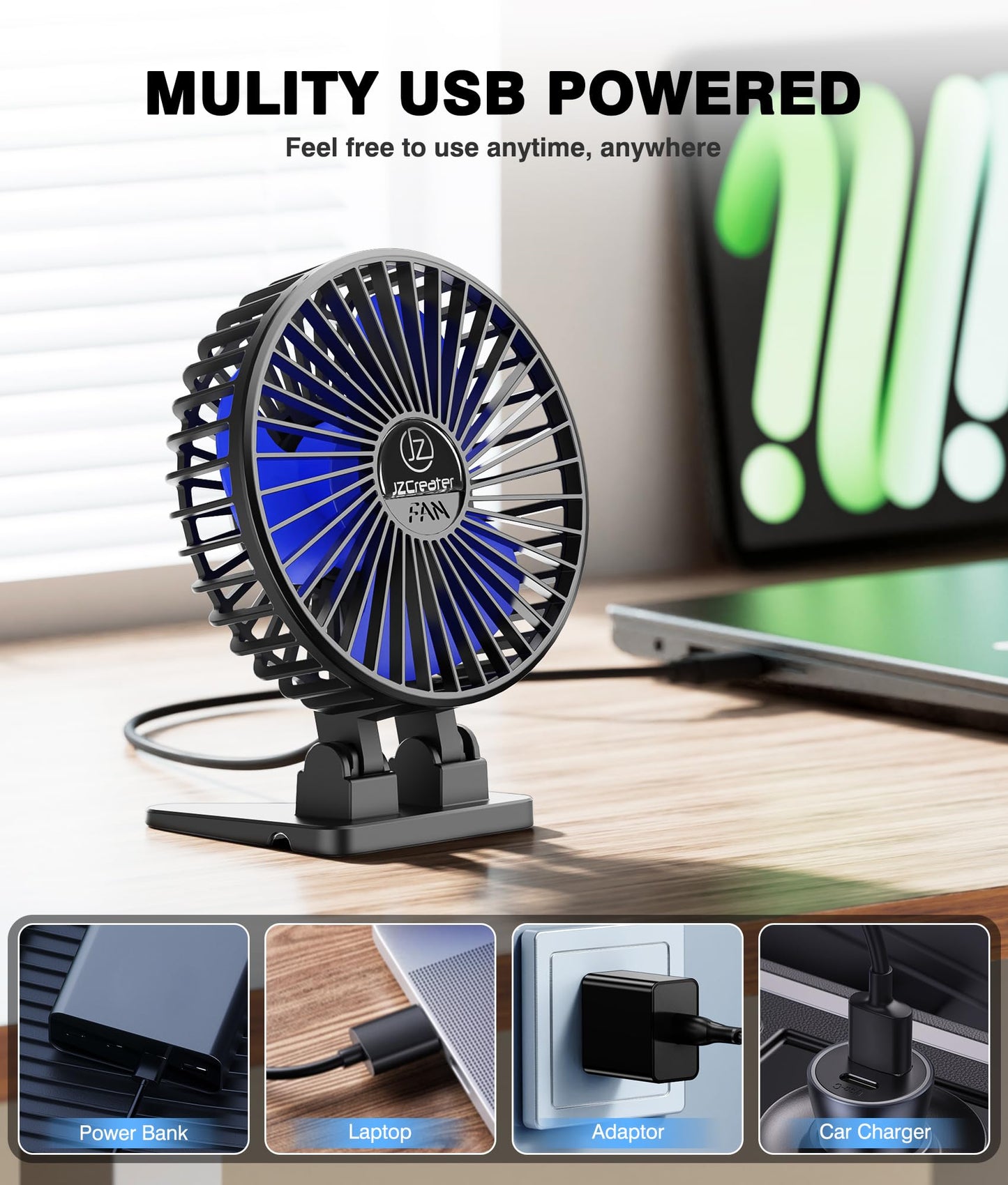 JZCreater USB Desk Fan, Mini Fan Portable, 3 Speeds Desktop Table Cooling Fans, Plug in Power, Rotation Strong Wind, Quiet Personal Small Fan for Home Desktop Office Travel Bedroom, Black (2Pack)