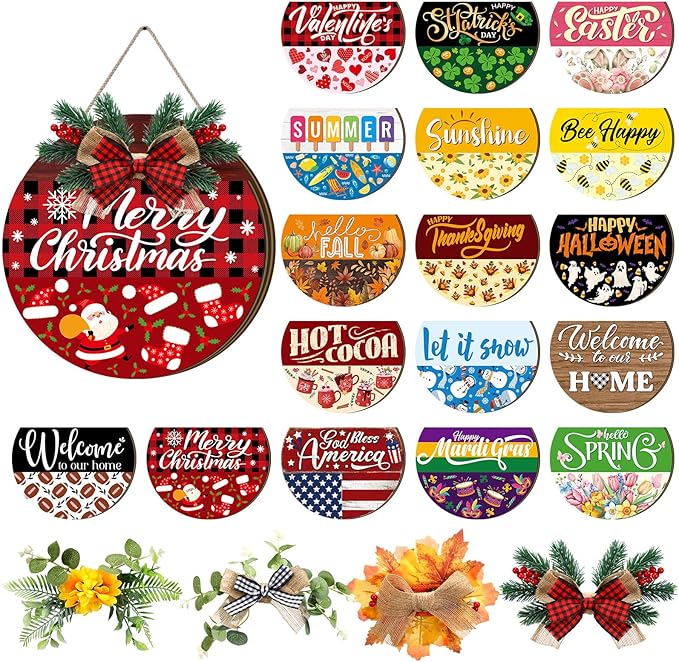 Vicenpal 22 Pcs Interchangeable Welcome Sign for Front Door with 17 Magnetic Icon Wooden Seasonal Front Porch Door Decor with 4 Seasonal Wreaths for Holiday Halloween Christmas Gift(Dark Brown,Novel)