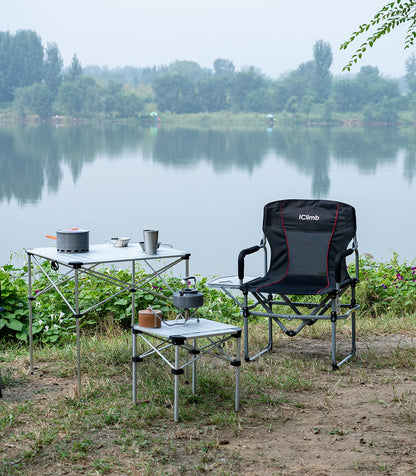iClimb Heavy Duty Compact Camping Folding Mesh Chair with Side Table and Handle (Black, 2PC)