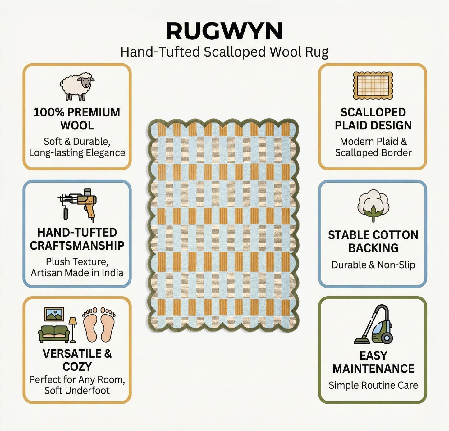 RUGWYN Hand-Tufted Scalloped Wool Area Rug, Modern Plaid Checkered Pattern, Soft & Durable Cozy Accent Rug for Living Room, Bedroom & Nursery, Handmade Decorative Carpet (Light Blue, 4' x 6')
