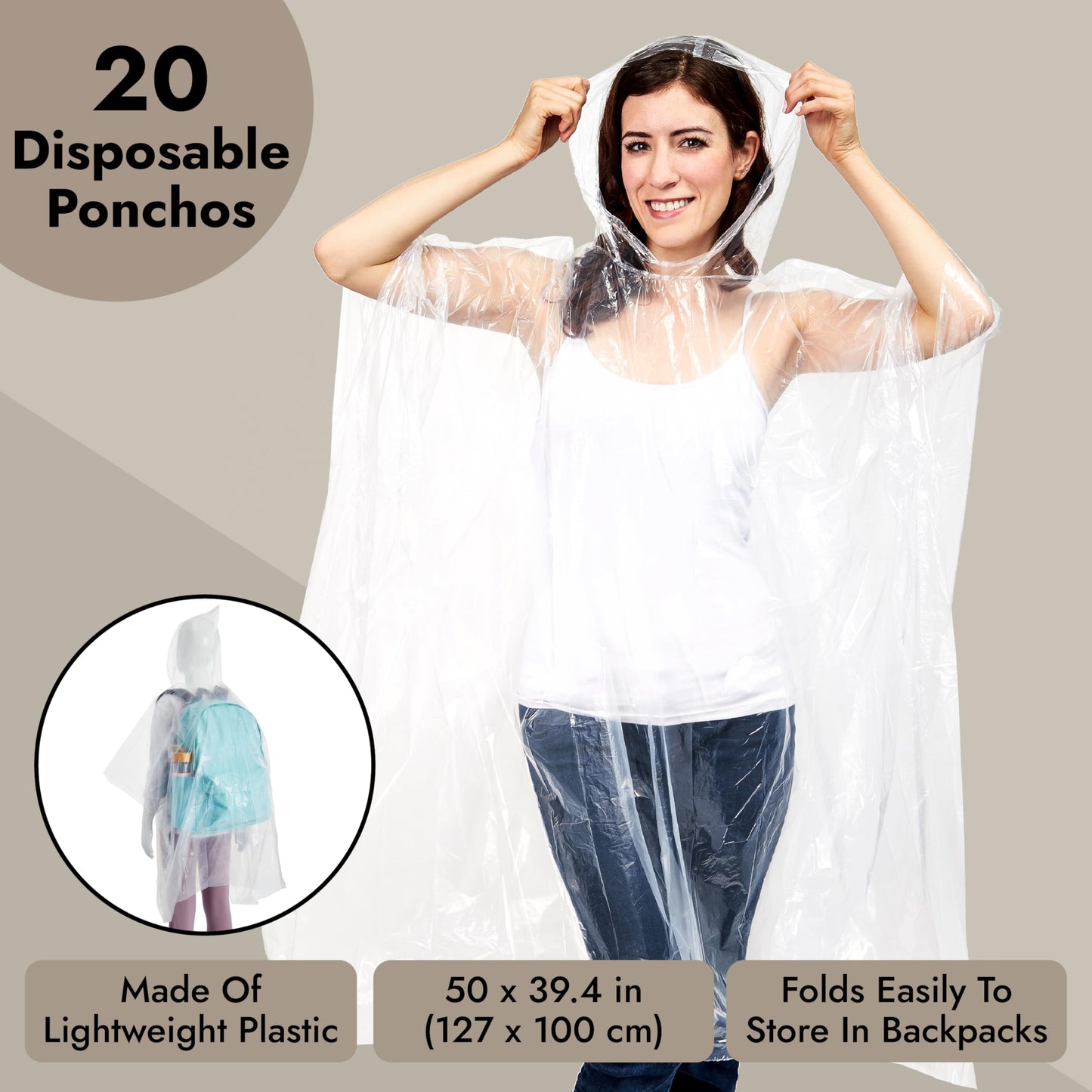 Juvale 20-Pack Disposable Rain Ponchos for Adults with Hood - Lightweight Emergency Plastic Poncho for Outdoor Events, Travel, Camping, Hiking, and Festivals - Clear