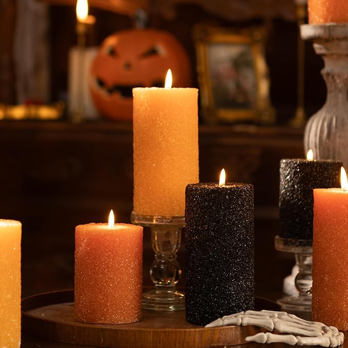 MOZEAL Hand-Poured Granular Texture Decorative Black Pillar Candles Set of 3 (3"x4", 5", 6"),Approx 300 Hours Burn Time Dripless, Unscented, Smokeless, for Halloween