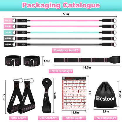 Besloor Resistance Band Set. Exercise Bands with Handles, Door Anchor and Ankle Strap. Home Gym, Supports Full-Body Workouts - with Training Guide and Fitness Video (Pink)