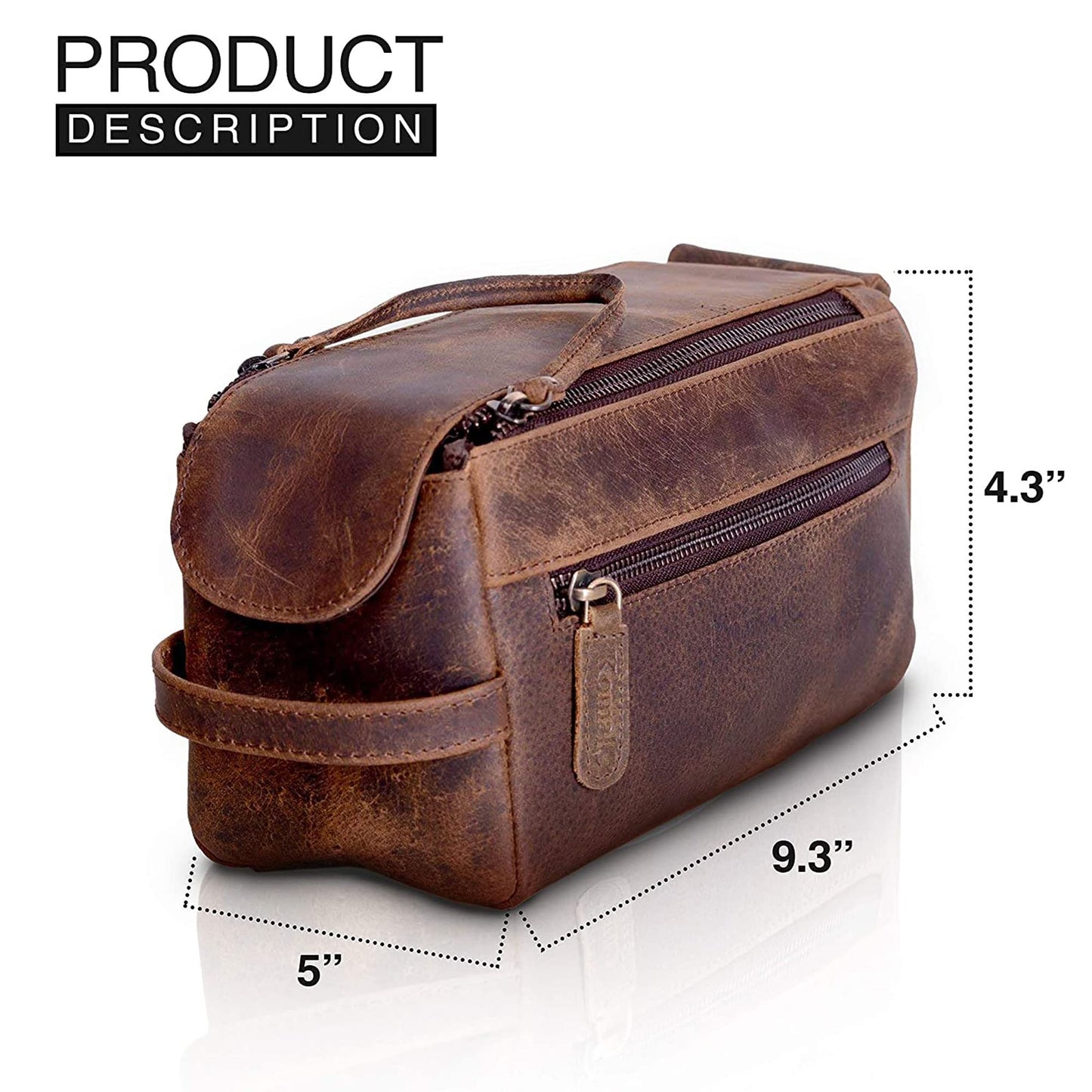 KomalC Premium Buffalo Leather Unisex Toiletry Bag Travel Dopp Kit (Distressed Tan)