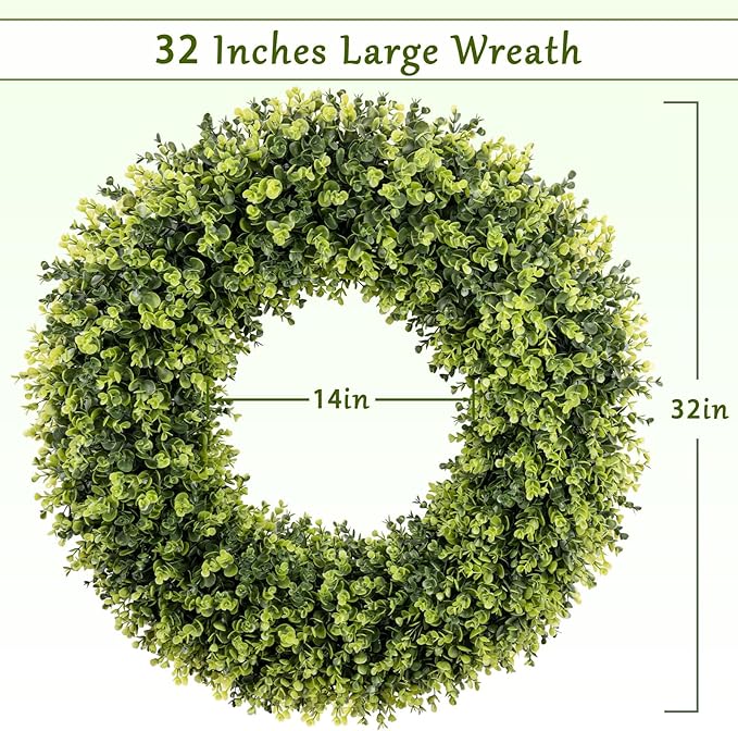 32 Inch Extra Large Boxwoods Green Spring Artificial Wreath for Front Door, Year Round Spring Summer Winter Wreaths for Wall Window Porch Home Farmhouse Outdoor Outside Indoor Decorations