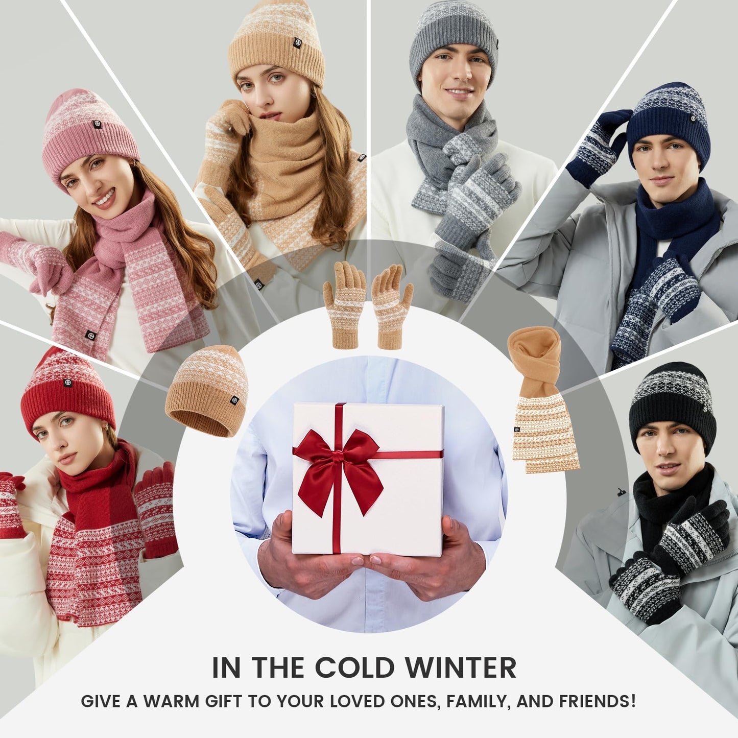 MA COWCF Womens Winter Beanie Hat Scarf Gloves Set, Touchscreen Gloves Long Scarf Thick Warm Knit Skull Caps Winter Gift for Women Men (Red)