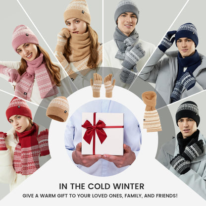 MA COWCF Womens Winter Beanie Hat Scarf Gloves Set, Touchscreen Gloves Long Scarf Thick Warm Knit Skull Caps Winter Gift for Women Men (Red)