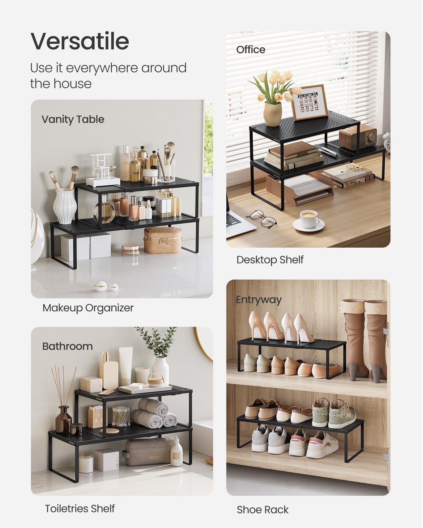 SONGMICS Set of 2 Expandable Pantry Kitchen Organizers, Adjustable Spice Rack, Stackable Cabinet Organizers, Metal, Space-Saving Tabletop Shelves, Matte Black UKCS402B01