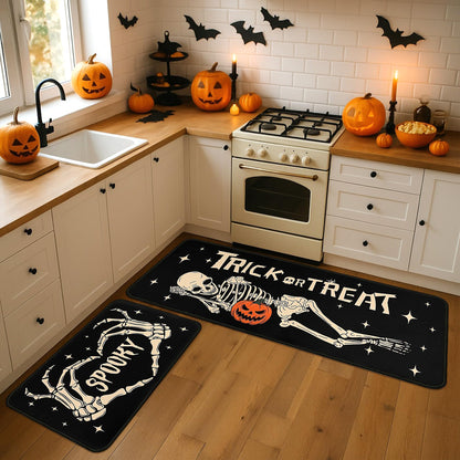 Ghroiep 2 Piece Halloween Kitchen Decor Rugs Set,Skeleton Kitchen Rugs and Mats Non Skid Washable Absorbent Kitchen Accessories Decoration Floor Mats 17"x47"+17"x30"