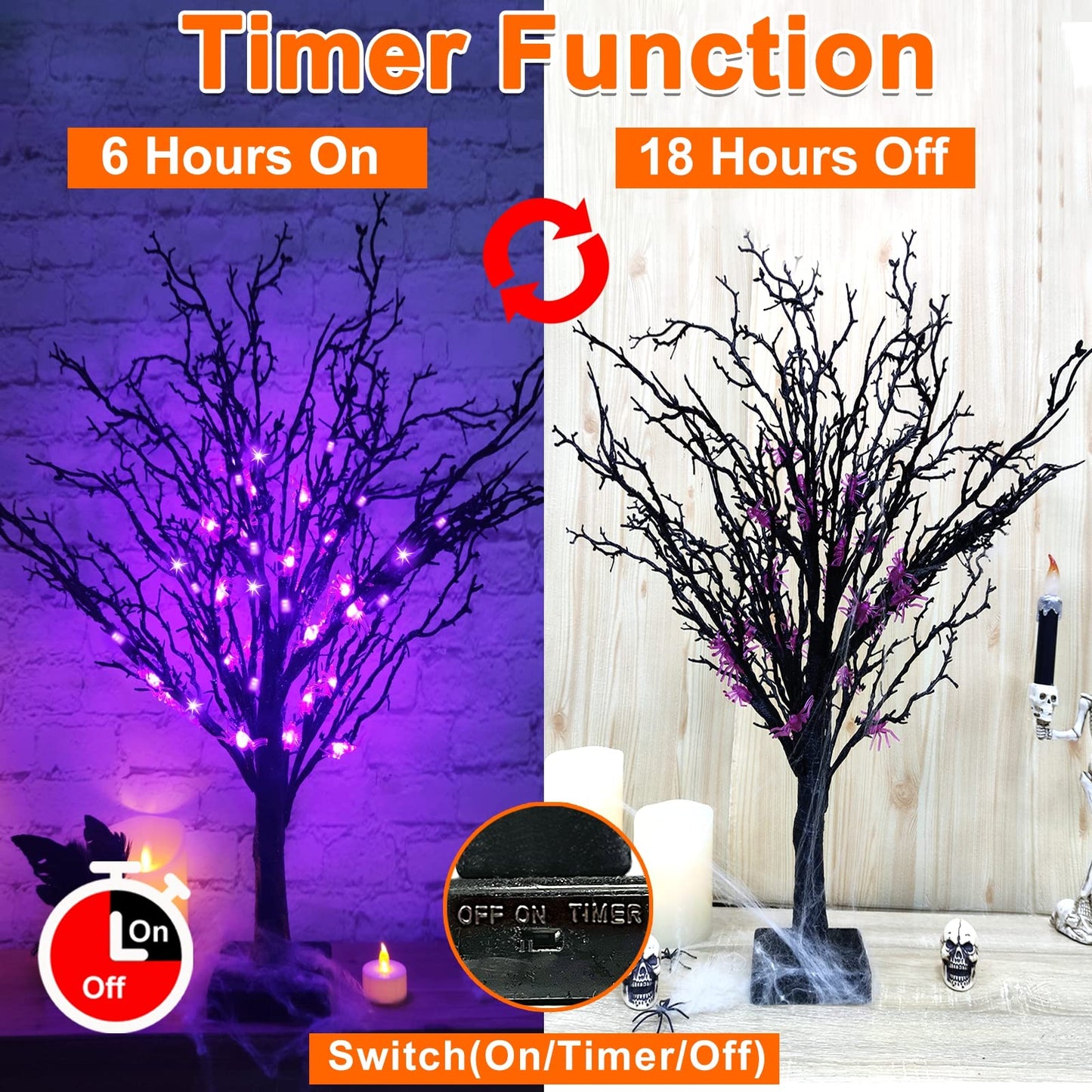 TURNMEON 2FT Prelit Halloween Black Tree Decor with Timer, 25 Spider & 24 Purple Lights Battery Operated Spooky Artificial Tree for Halloween Decorations Indoor Tabletop Fireplace Home Holiday Party