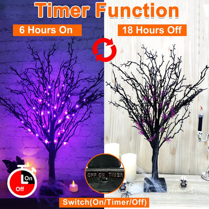 TURNMEON 2FT Prelit Halloween Black Tree Decor with Timer, 25 Spider & 24 Purple Lights Battery Operated Spooky Artificial Tree for Halloween Decorations Indoor Tabletop Fireplace Home Holiday Party