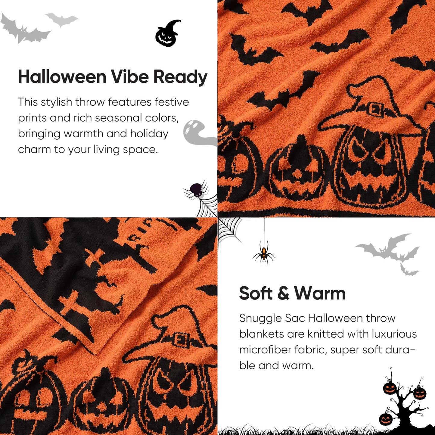 Snuggle Sac Halloween Throw Blanket Orange Pumpkin Bat Blanket,Reversible Rip Lightweight Soft Blanket for Decorating Couch Sofa Bed, Spooky Gift for Women Men Kids,50×60 inches