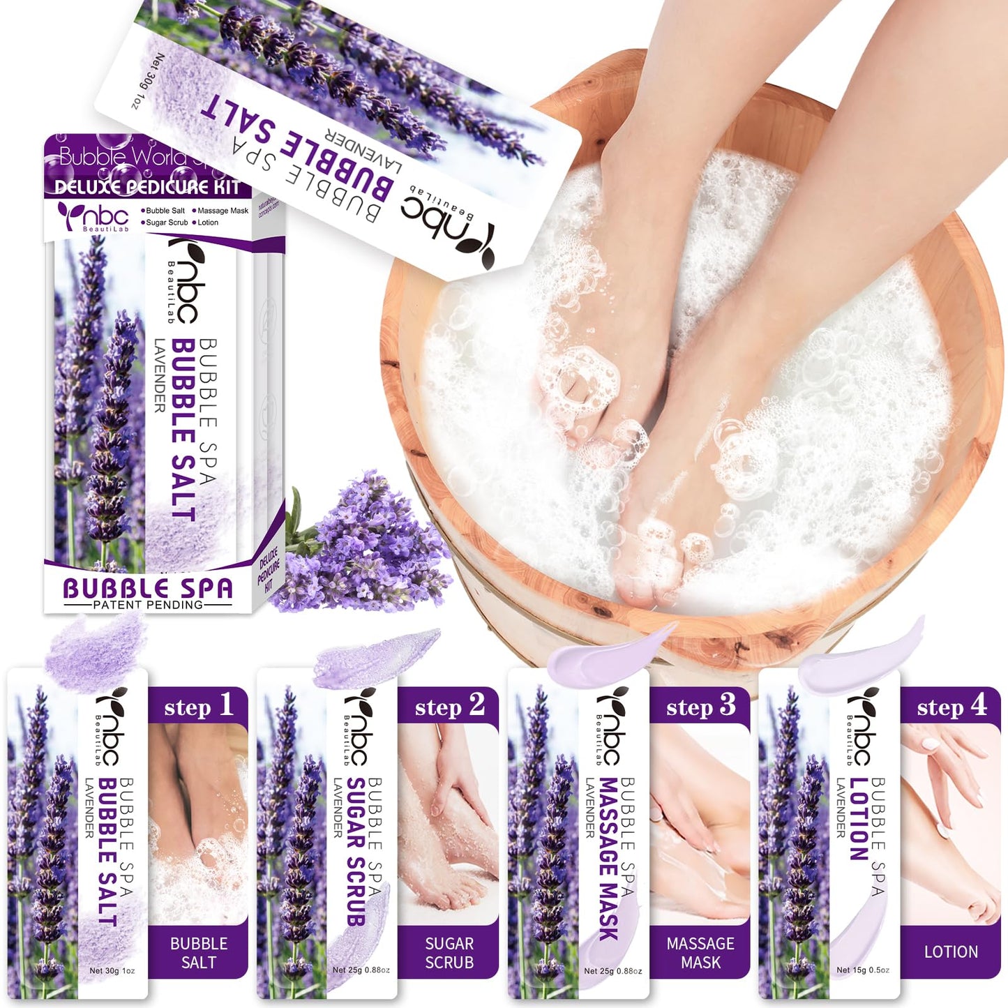 Pedicure Kit Foot Soak Set: Bubble Salt, Sugar Scrub, Massage Mask, Massage Lotion in a Box, 4 Step Foot Spa Kit for Dry Feet,Tired Feet（3 Set Tropical Fruit)