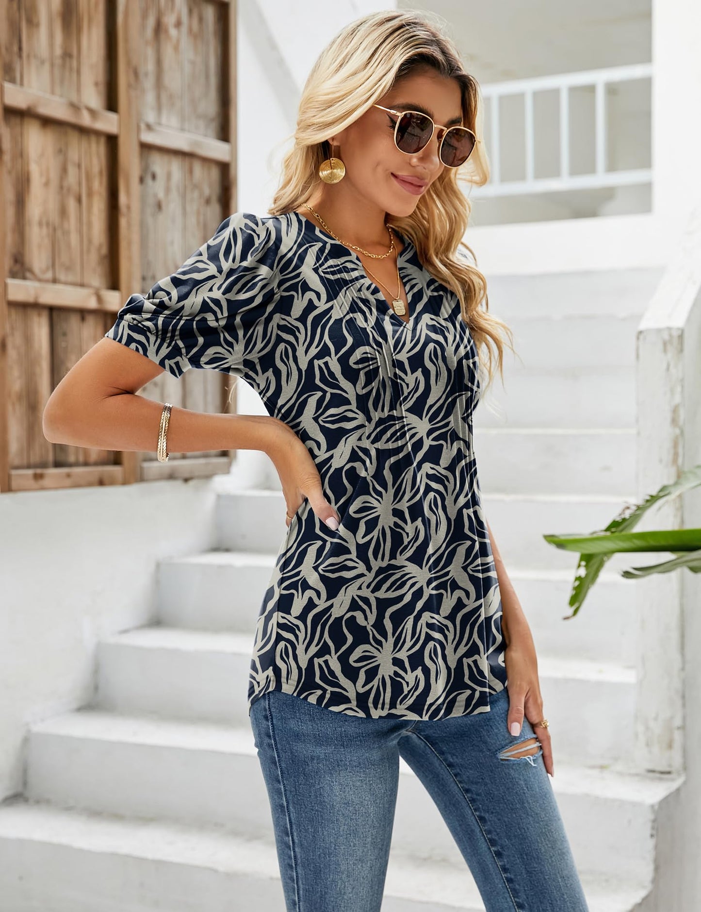 EFFAN Womens Tunic Tops Short Sleeve Summer T Shirts Ladies Blouses Dressy Floral Printed Fashion Top Floral_Navy M (UK 12-14)