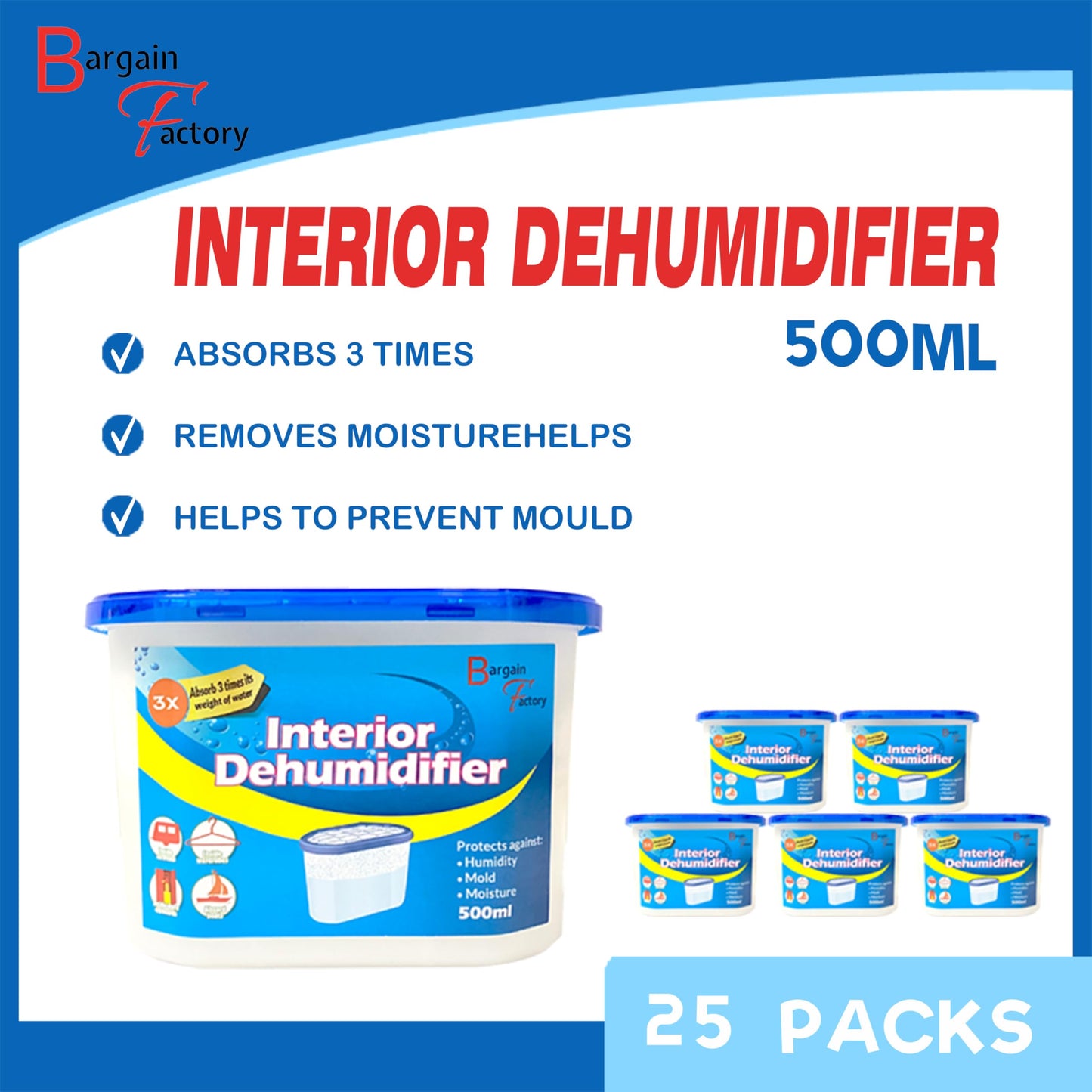 Bargain Factory Dehumidifier 500ml Pack of 25 Condensation Remover Moisture Absorber Dehumidifiers for Damp, Mould, Moisture in Home, Kitchen, Bedroom, Caravan, Office, Garage, Bathroom, Basement