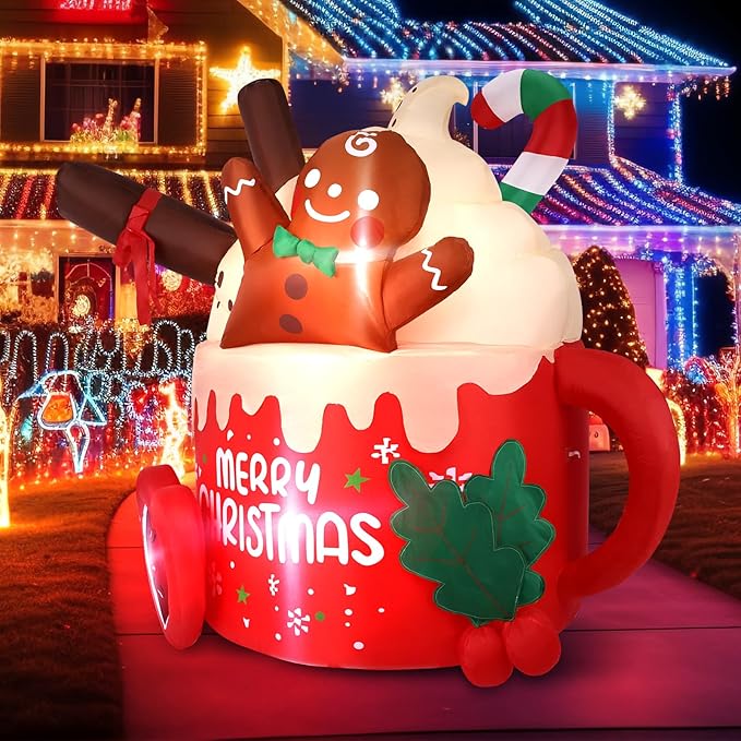 6.5 FT Christmas Inflatables Outdoor Decorations, Gingerbread Christmas Inflatable Hot Cocoa Mug with Built-in LEDs Blow Up Christmas Decoration for Garden Lawn Yard Patio Xmas Inflatable