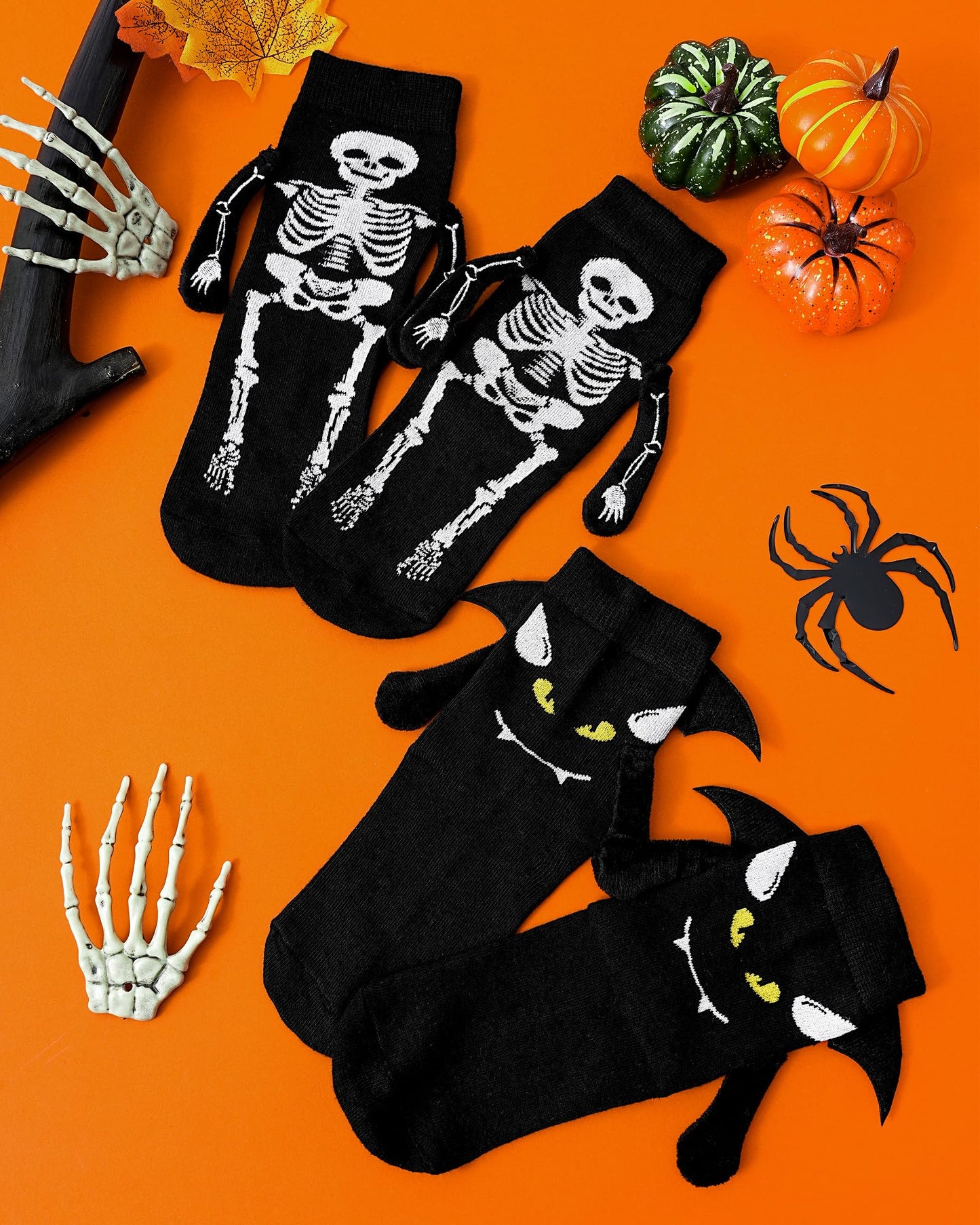 Moyel 2 Pairs Funny 3D Magnetic Holding Hands Halloween Socks Kids 8-12 Years Horror Halloween Gifts for Boys Girls Bat Skeleton Socks Cute Interactive Party Favors Scary Basket Stuffers