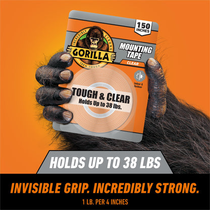 Gorilla Tough & Clear Double Sided Mounting Tape, Clear Tape, 1" x 150" (Pack of 1) - Weatherproof for Indoor or Outdoor