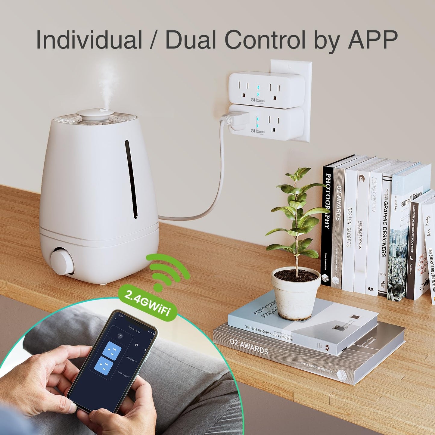 GHome Smart Plug, 15A WiFi Smart Outlet Compatible with Alexa & Google Home, Smart Surge Protector with Remote Control & Timer, Dual Sockets, No Hub Required, 2.4GHz WiFi Only, White, 2 Pack