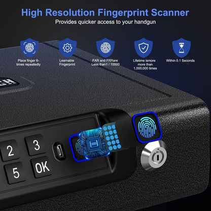 Biometric Gun Safe for Pistols 3-Ways unlock Fingerprint Digital PIN Key Unlock Handgun Safe with Sound, Lock box for Cloakroom living room Bedroom Nightstand and Car BILLCONCH