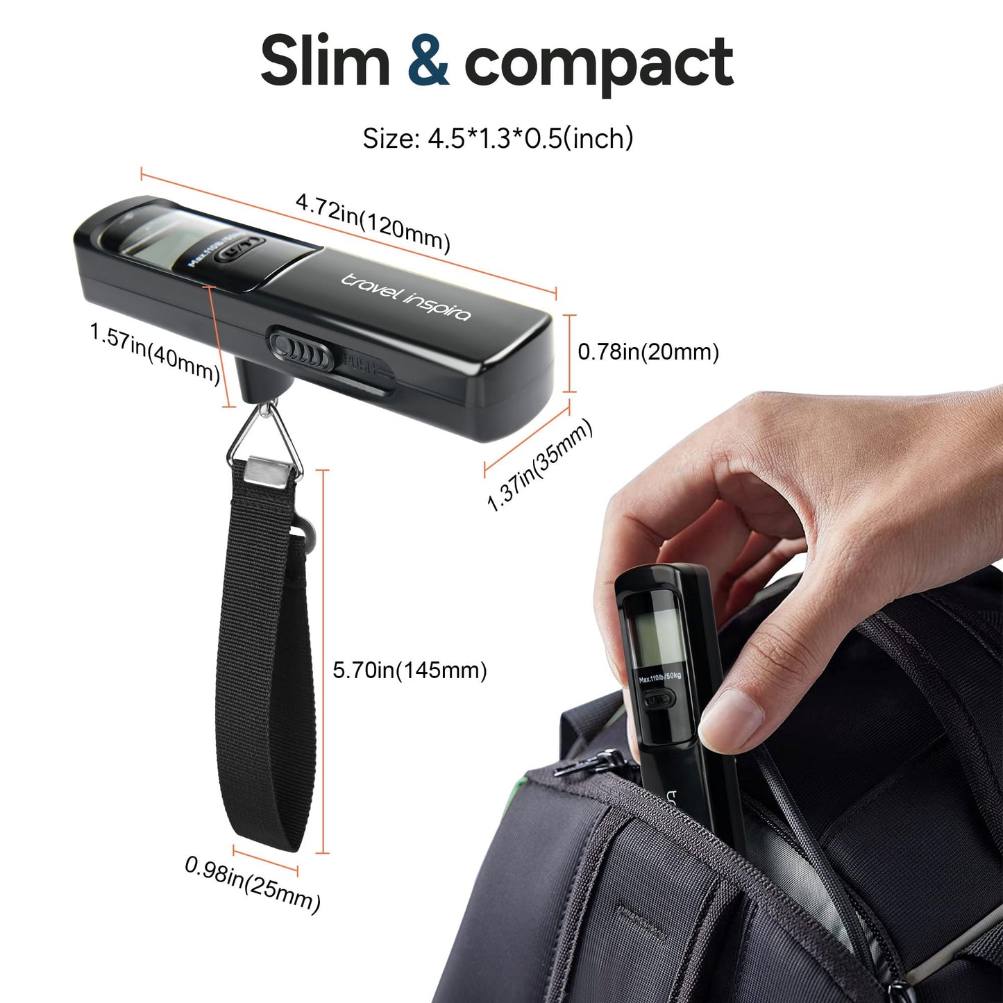 Battery-Free Luggage Scale, Suitcase Scale for Travel, 110 lbs/50 kg, Portable Handheld Weight Scale, No Batteries Needed