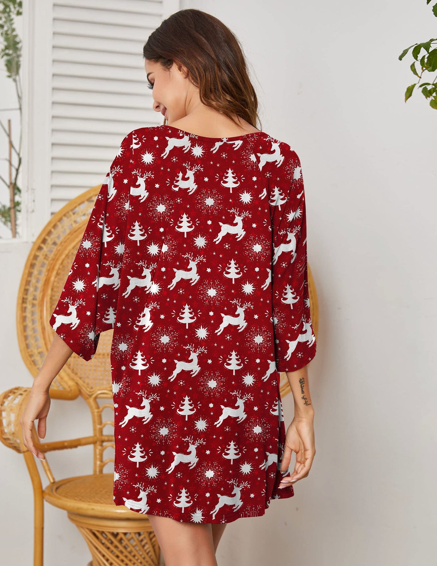 Ekouaer Womens Christmas Nightgowns V Neck Batwing Nightshirt Oversized Sleepshirts Festival Snowflake Sleepwear Plus Size Tshirt Christmas Pajama