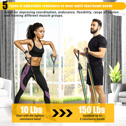 COFOF Resistance Bands Set with Handles, Exercise Bands Stackable up to 150lbs, Gym Bands with Workout Poster & Door Anchor & Ankle Straps for Fitness, Strength, Yoga, Home Gym Equipment for Men Women