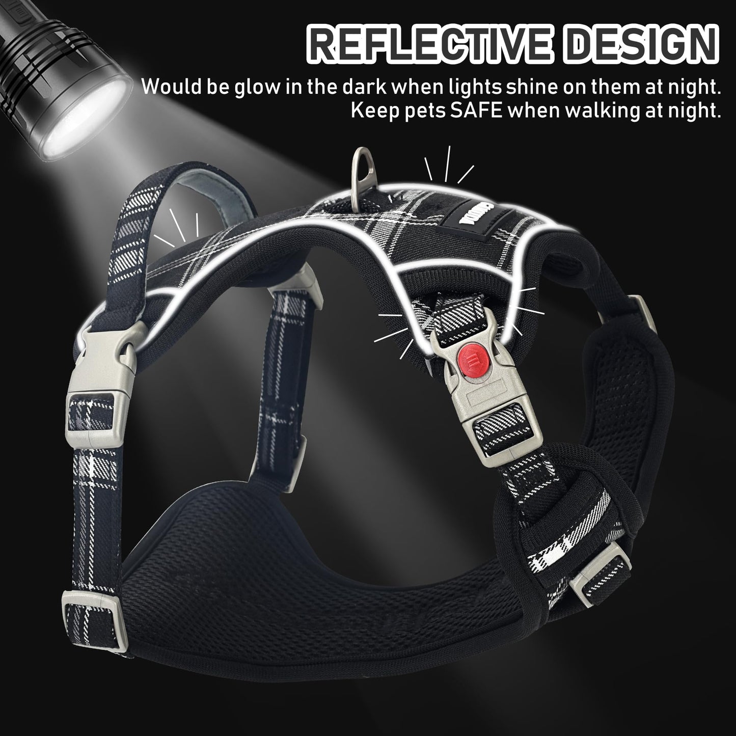 GAMUDA Dog Harness Collar and Leash Set, Horse Care Sheets, No Chock No Pull Adjustable Vest Harnesses Plaid Reflective for Medium Dog, Cat, Small Horse, Small Bull and Pig (Black, M)