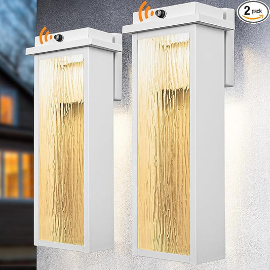 White LED Dusk to Dawn Outdoor Lighting 2 Packs, 16" Large Outside Farmhouse Wall Lantern, Industrial Porch Wall Mount Light Fixture with Rippled Glass, Waterproof Modern Exterior Sconce Lamp