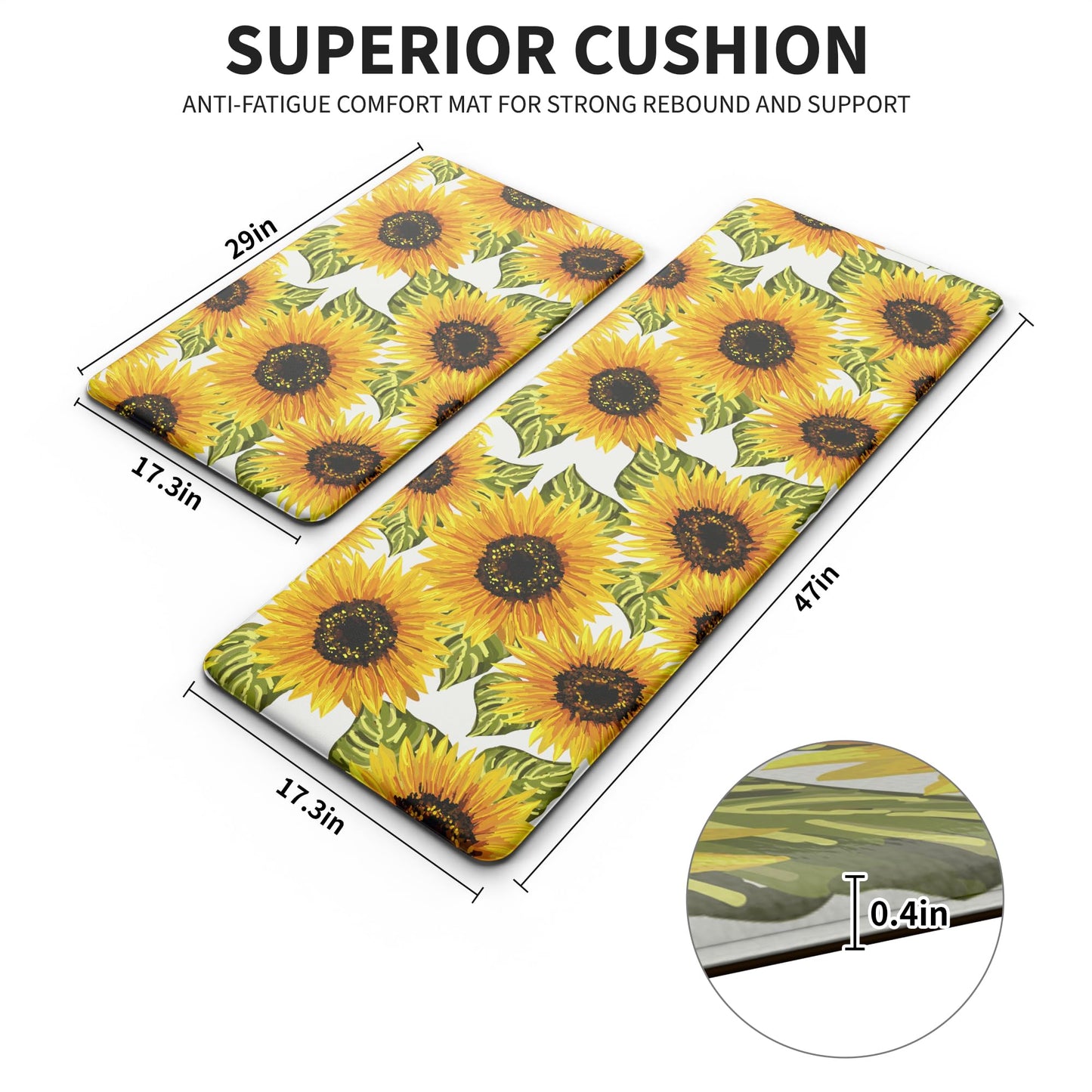 MAYHMYO Sunflower Kitchen Mat Set of 2 - Anti Fatigue Mats for Kitchen Floor - Non Slip Cushioned Rugs for Standing - Sunflower Decor (17.3"×29"+17.3"×47"-0.4")