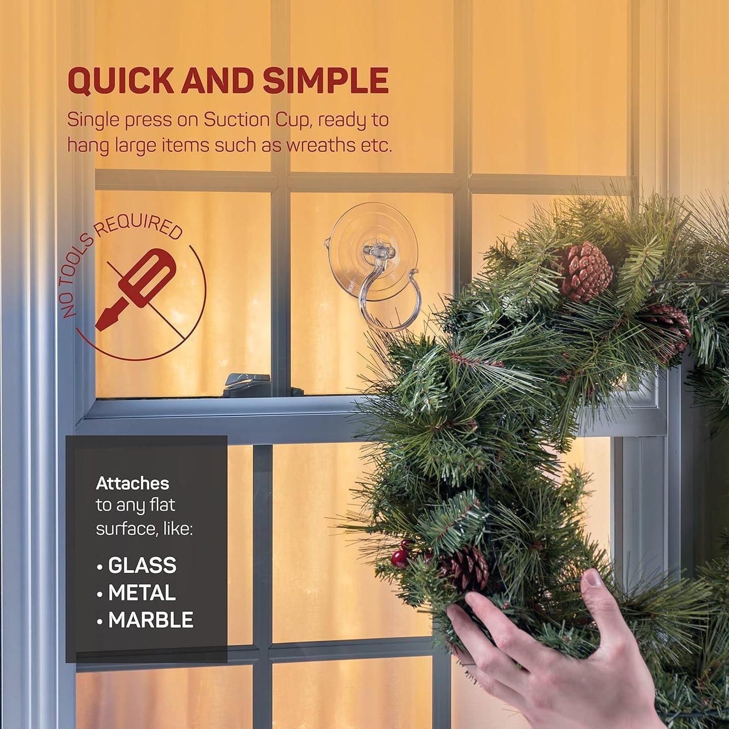 Christmas Wreath Hanger For Glass Front Door [Set of 2] Giant Suction Wreath Hanger, Hang Large or Heavy Wreaths Securely on Glass Doors and Windows up to 10 Lbs - Heavy Duty Wreath Holders - USA Made