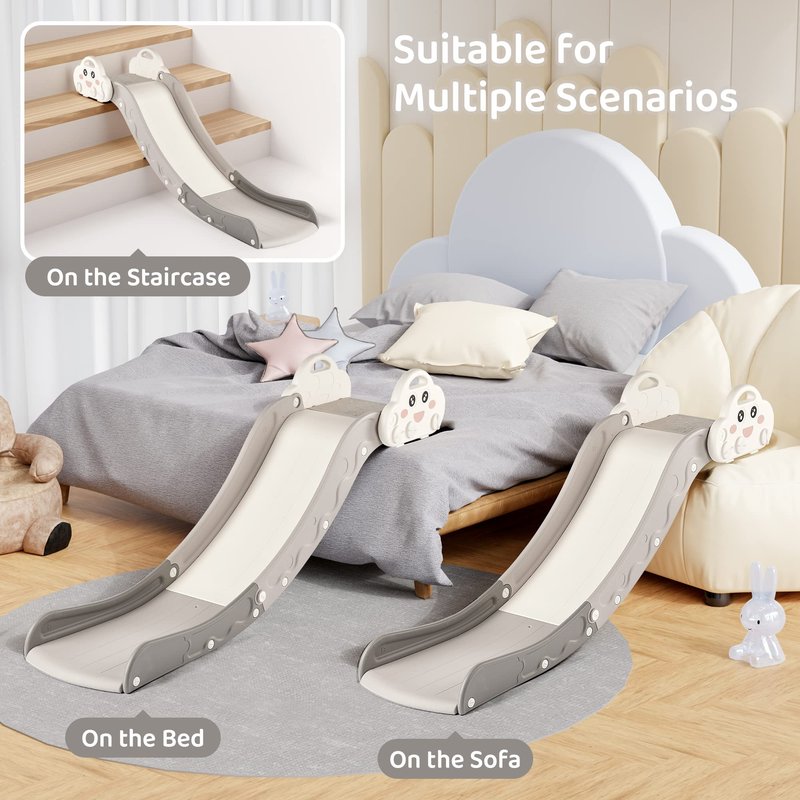 Indoor Kids Baby Couch Slide for Toddler 1-3, Sofa Slide Add-on Attachment for Bed Nugget Playgrounds, with Secure Base Guardrail, Gentle Slope Extended Buffer Zone, Fun Cute Cloud Design, White