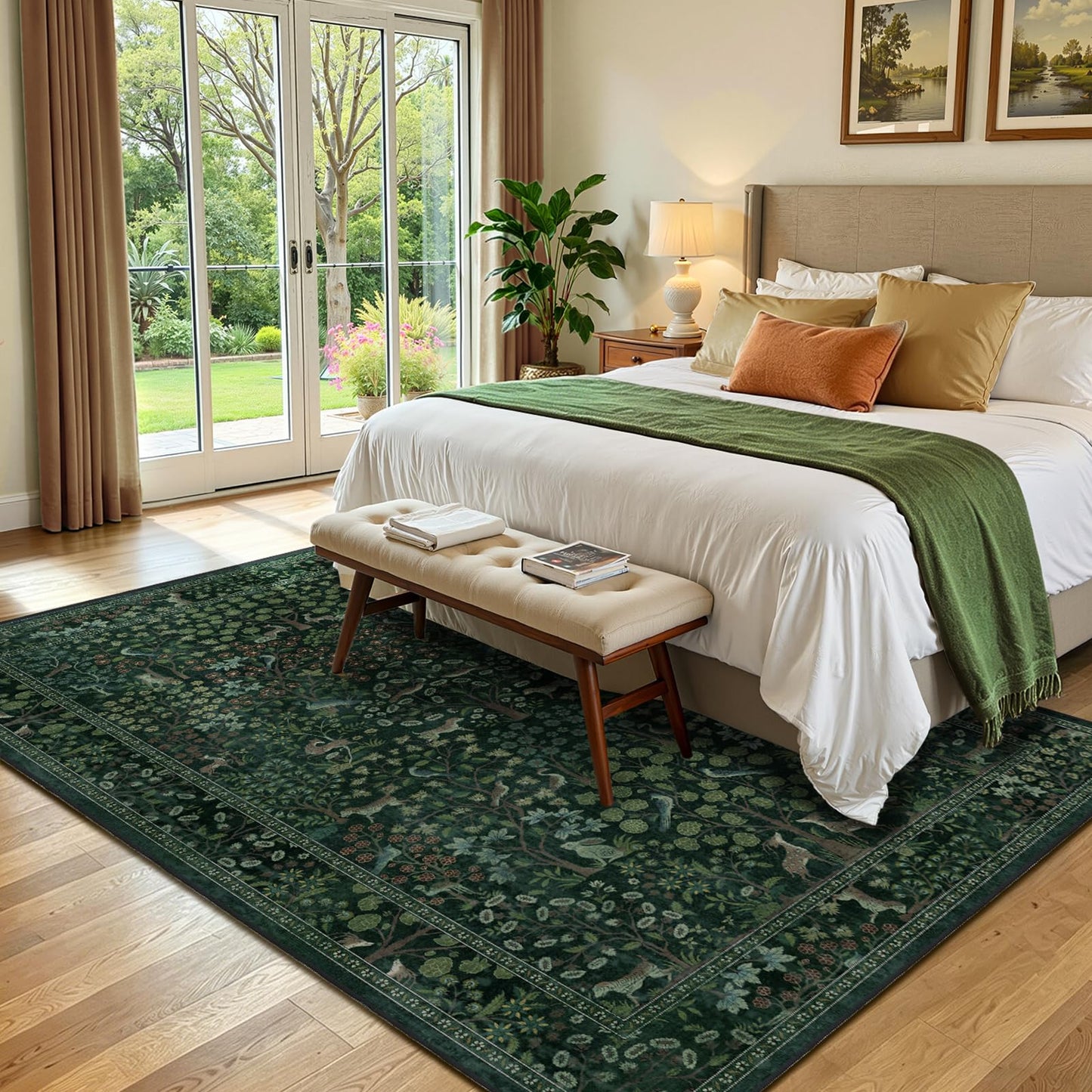 Jainmy Woodland Floral Animal 5x7 Washable Rugs for Living Room, Whimsical Tree of Life Natural Area Rug for Bedroom Nursery, Low Pile Thin Carpet Rugs for Dining Room Home Office Non Slip, Dark Green