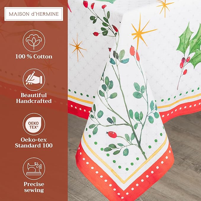 Maison d' Hermine Table Cloth Rectangle Table 100% Cotton 60 x 90 Inches Fall Tablecloth Reusable Everyday Use for Thanksgiving Christmas Decorations Dining Farmhouse Party (Poinsettia Christmas)