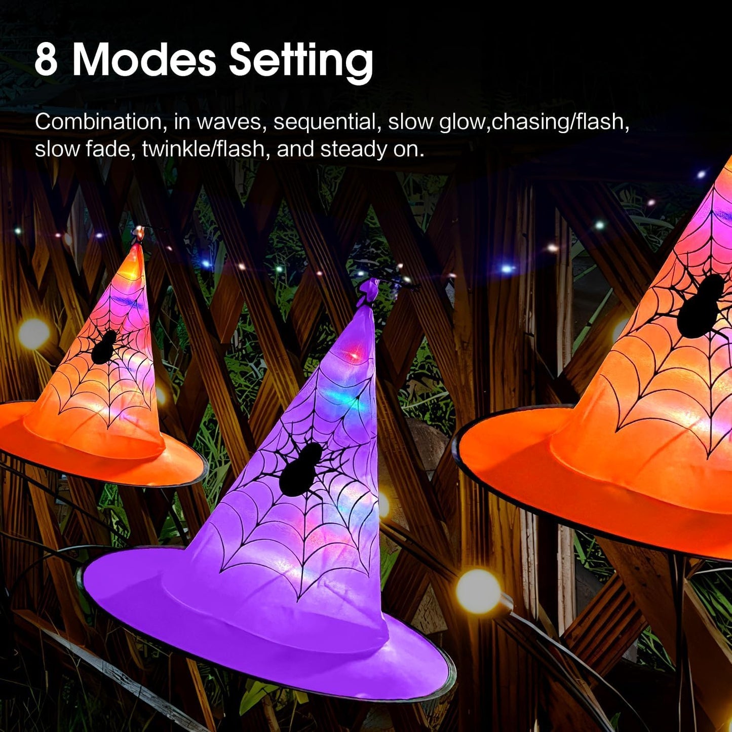 Twinkle Star 8 Pcs Lighted Hanging Witch Hats, Halloween Decorations Lighted Witch Hats with Remote Control String Lights, Battery Powered with 8 Lighting Modes for Garden, Yard, Tree