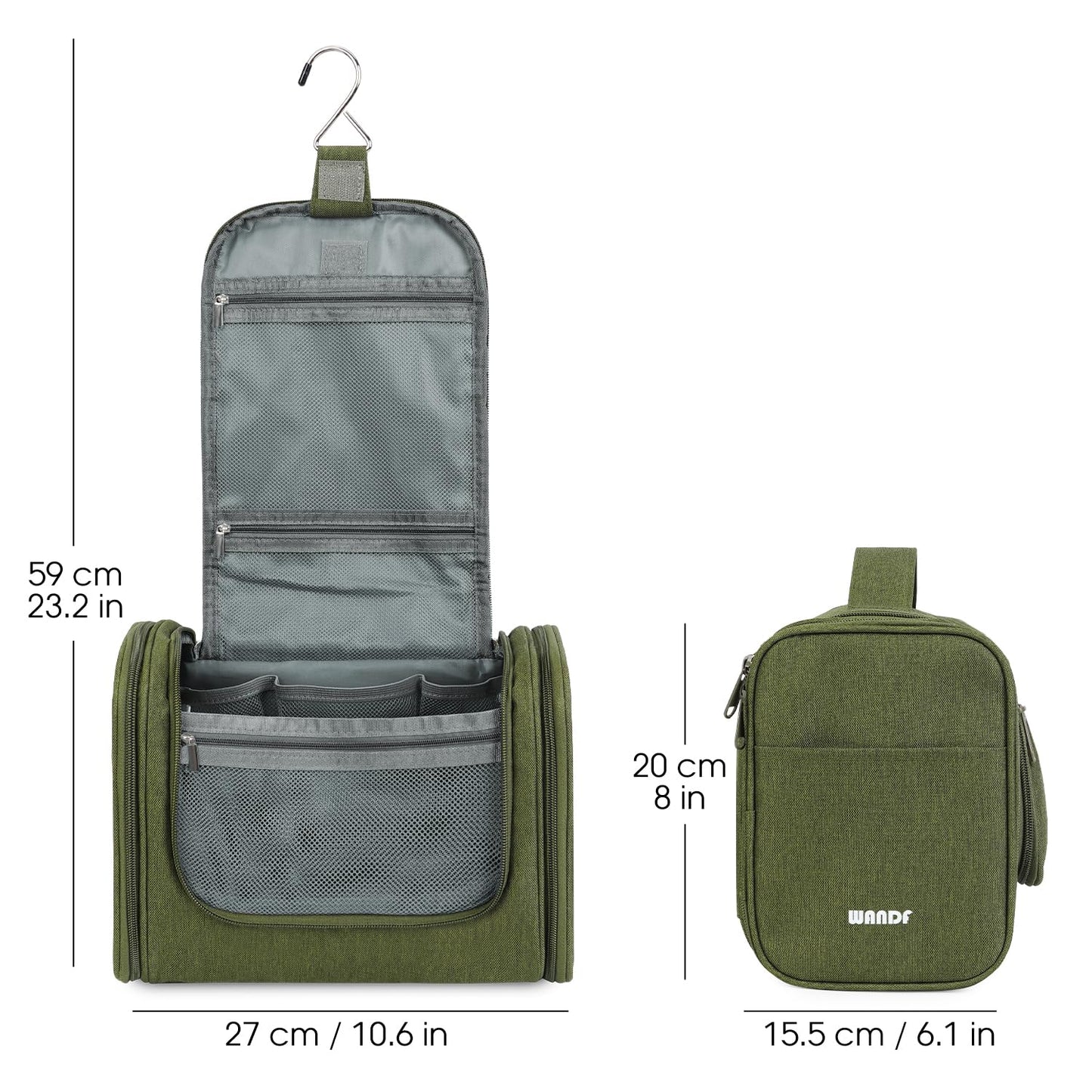 Large Hanging Toiletry Wash Bag Travel Makeup Cosmetic Organizer for Men Women by WANDF (Dark Green)